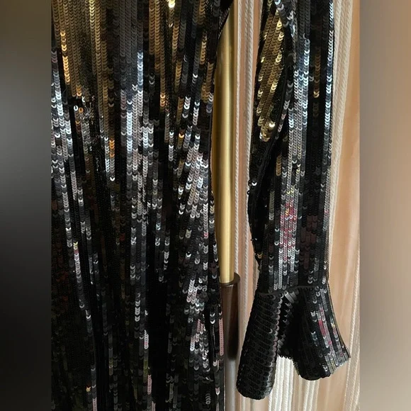 Michael Kors Black Sequin Dress XS bell sleeve cuff mini dress bodycon party - Picture 3 of 5